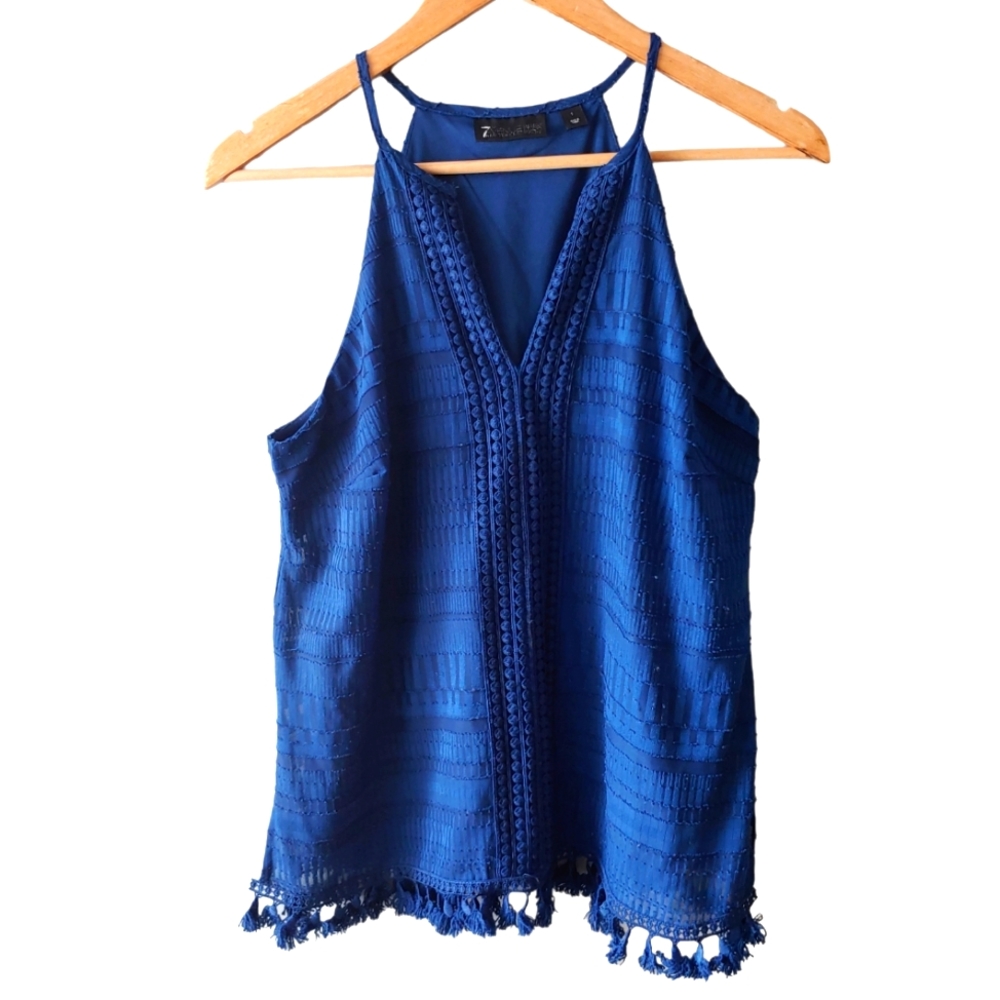 New York & Company 7th Ave Design Studio Blue Crochet Tank with Tassels Size S
